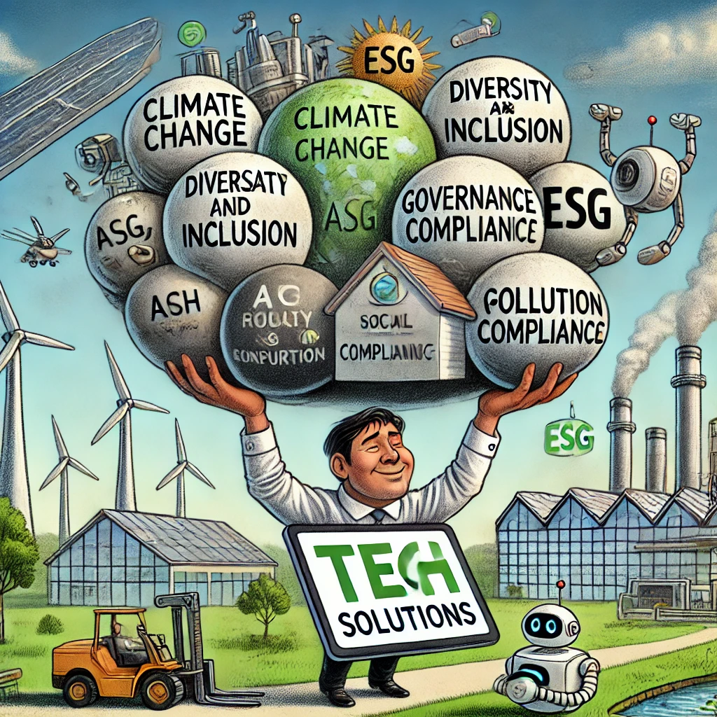 A-caricature-style-illustration-showing-how-technology-can-ease-the-ESG-Environmental-Social-and-Governance-compliance-burden